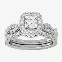 H-I / Si1-Si2) Womens / CT. T.W. Lab Grown White Diamond 10K Gold Cushion Side Stone Halo Bridal Set
