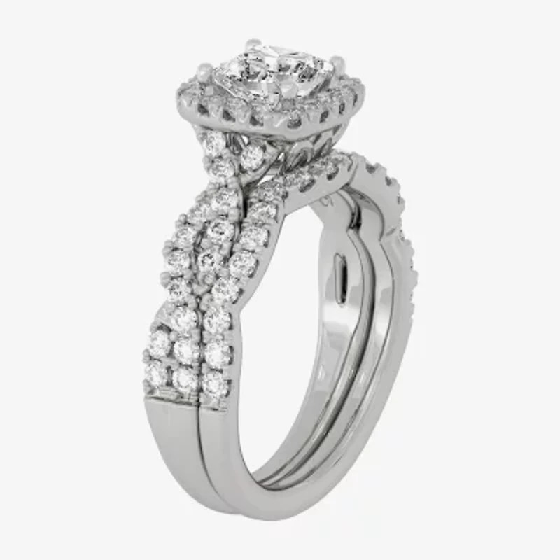 H-I / Si1-Si2) Womens / CT. T.W. Lab Grown White Diamond 10K Gold Cushion Side Stone Halo Bridal Set
