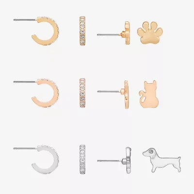 Bijoux Bar Delicates Tri Tone Dog Pawprint Cat Womens Glass 6 Pair Earring Set
