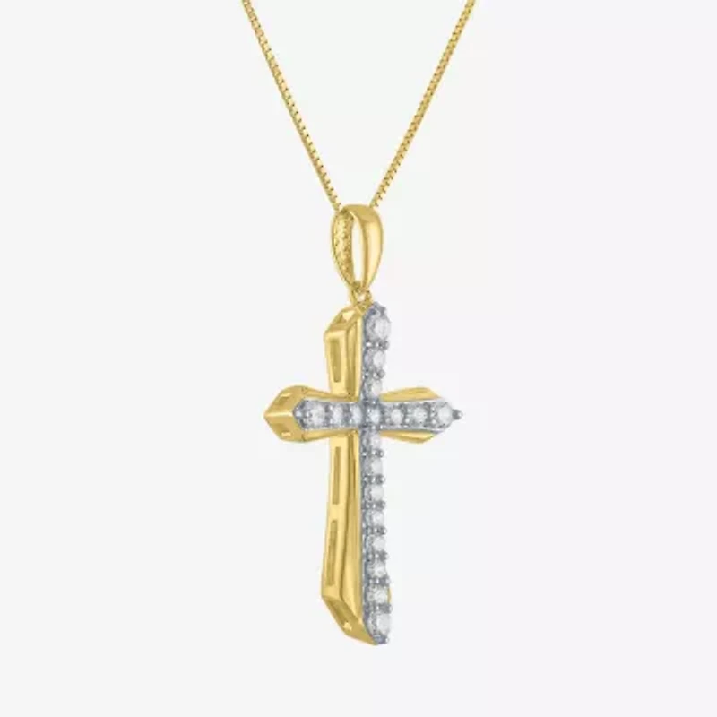 (G-H Womens 1/3 CT. T.W. Lab Grown White Diamond 10K Gold Cross 16 Inch Pendant Necklace