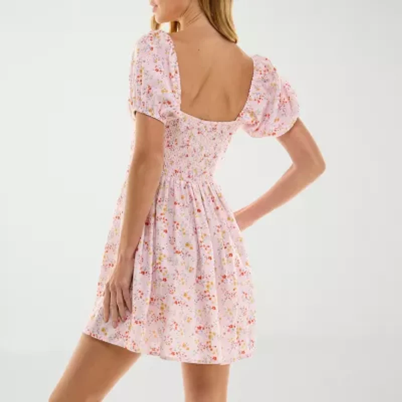 City Triangle Womens Short Sleeve Floral Juniors Fit + Flare Dress