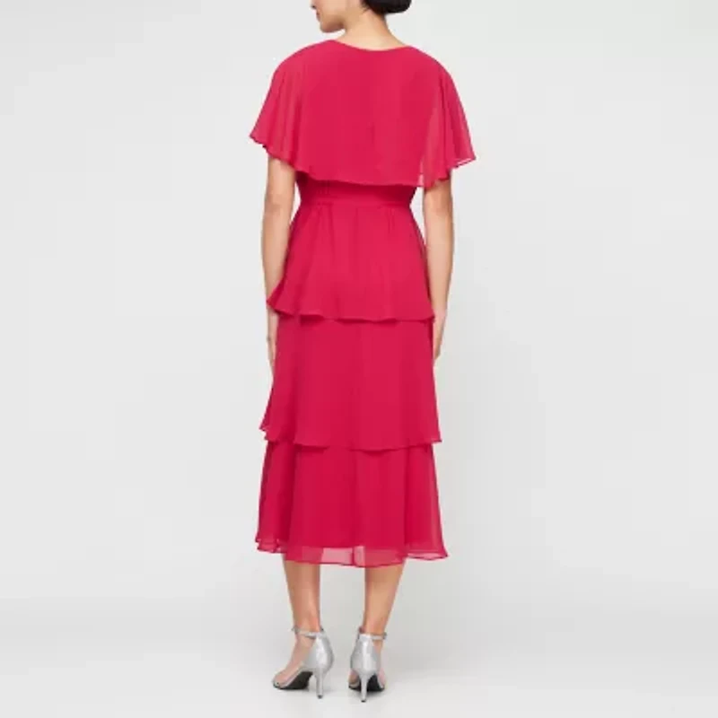 S. L. Fashions Womens Short Sleeve Embellished Midi Fit + Flare Dress