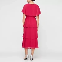 S. L. Fashions Womens Short Sleeve Embellished Midi Fit + Flare Dress