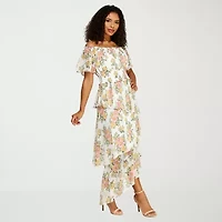 Premier Amour Womens Short Sleeve Off The Shoulder Floral Midi Fit + Flare Dress