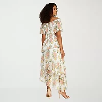 Premier Amour Womens Short Sleeve Off The Shoulder Floral Midi Fit + Flare Dress