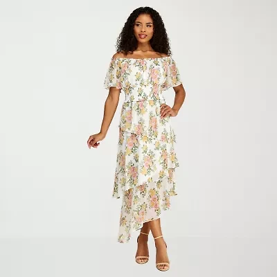 Premier Amour Womens Short Sleeve Off The Shoulder Floral Midi Fit + Flare Dress