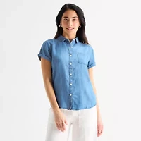 St. John's Bay Womens Tall Short Sleeve Regular Fit Button-Down Shirt