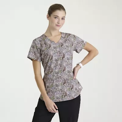 Skechers Skt021 Essence 3-Pocket Print Womens V Neck Short Sleeve Tag Free Stretch Fabric Moisture Wicking Scrub Top