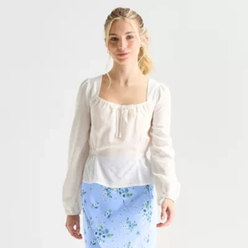 by&by Womens Juniors Square Neck Long Sleeve Blouse