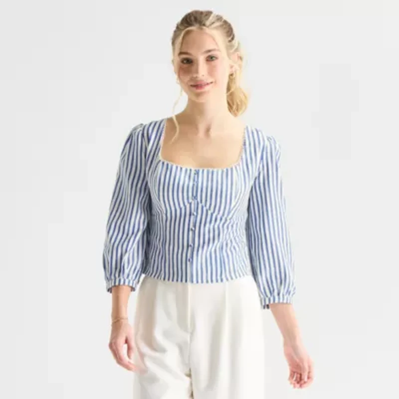 by&by Womens Juniors Straight Neck Long Sleeve Blouse