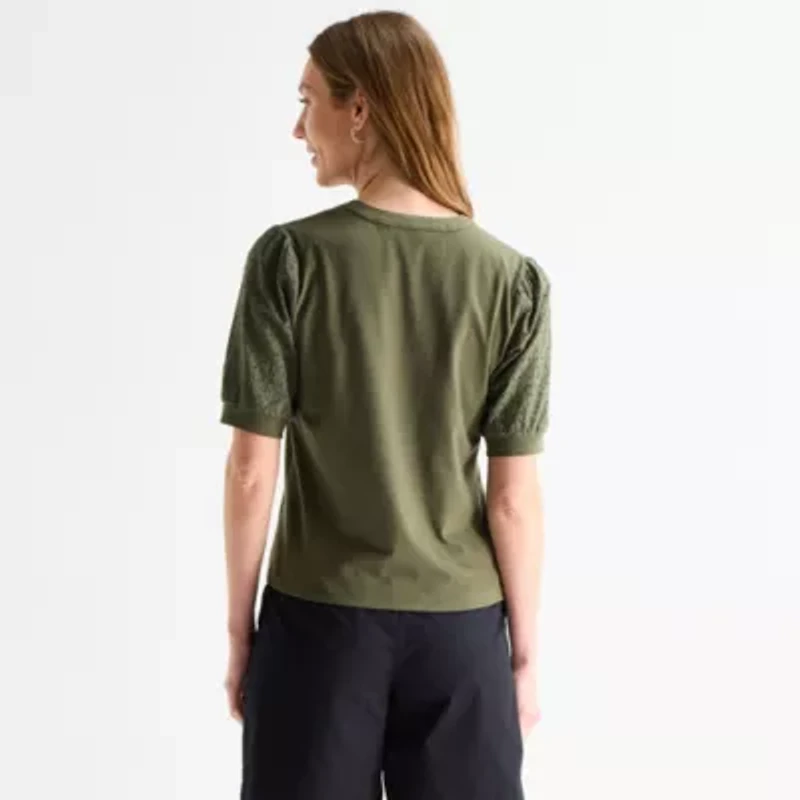 Liz Claiborne Womens Split Crew Neck Elbow Sleeve Blouse