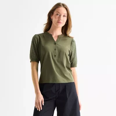 Liz Claiborne Womens Split Crew Neck Elbow Sleeve Blouse