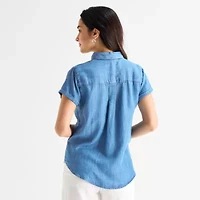 St. John's Bay Womens Short Sleeve Regular Fit Button-Down Shirt
