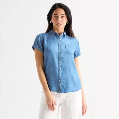 St. John's Bay Womens Short Sleeve Regular Fit Button-Down Shirt