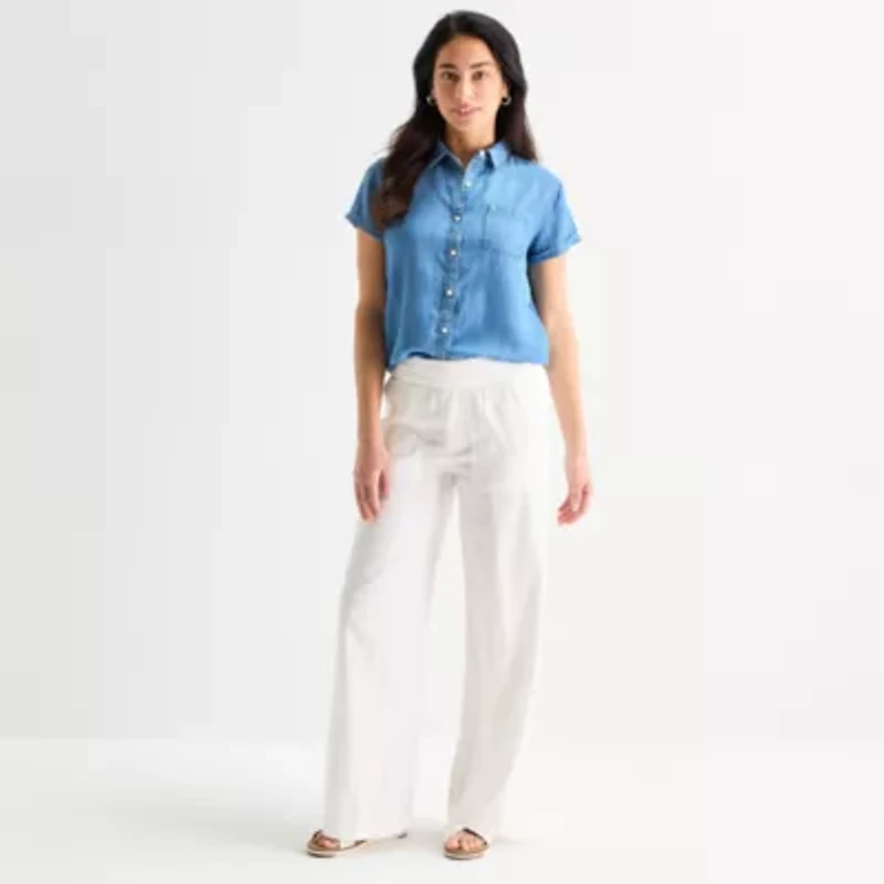 St. John's Bay Womens Short Sleeve Regular Fit Button-Down Shirt