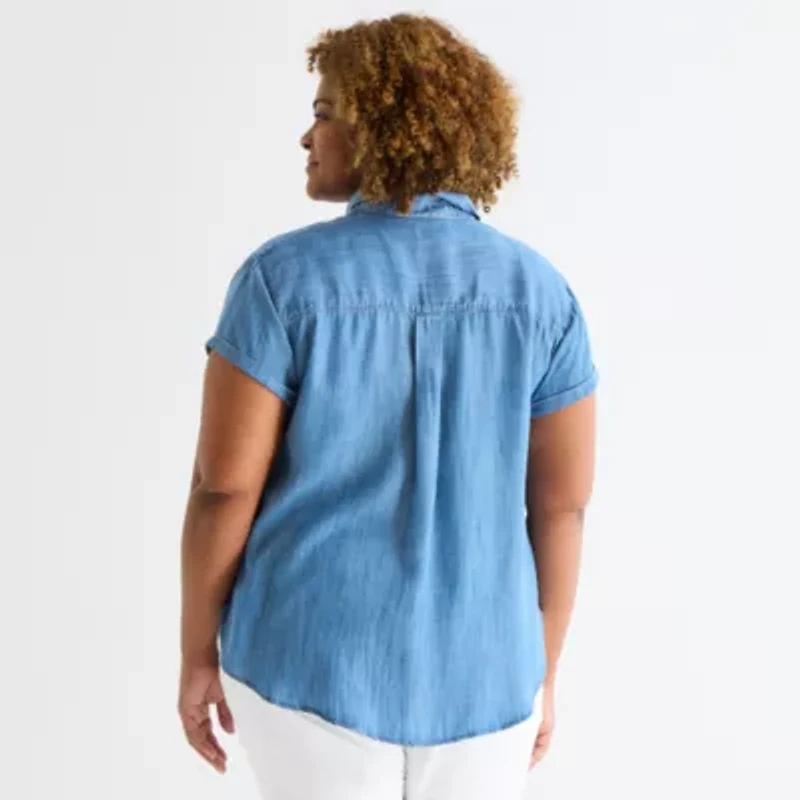 St. John's Bay Womens Plus Roll Short Sleeve Regular Fit Button-Down Shirt