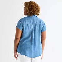 St. John's Bay Womens Plus Roll Short Sleeve Regular Fit Button-Down Shirt
