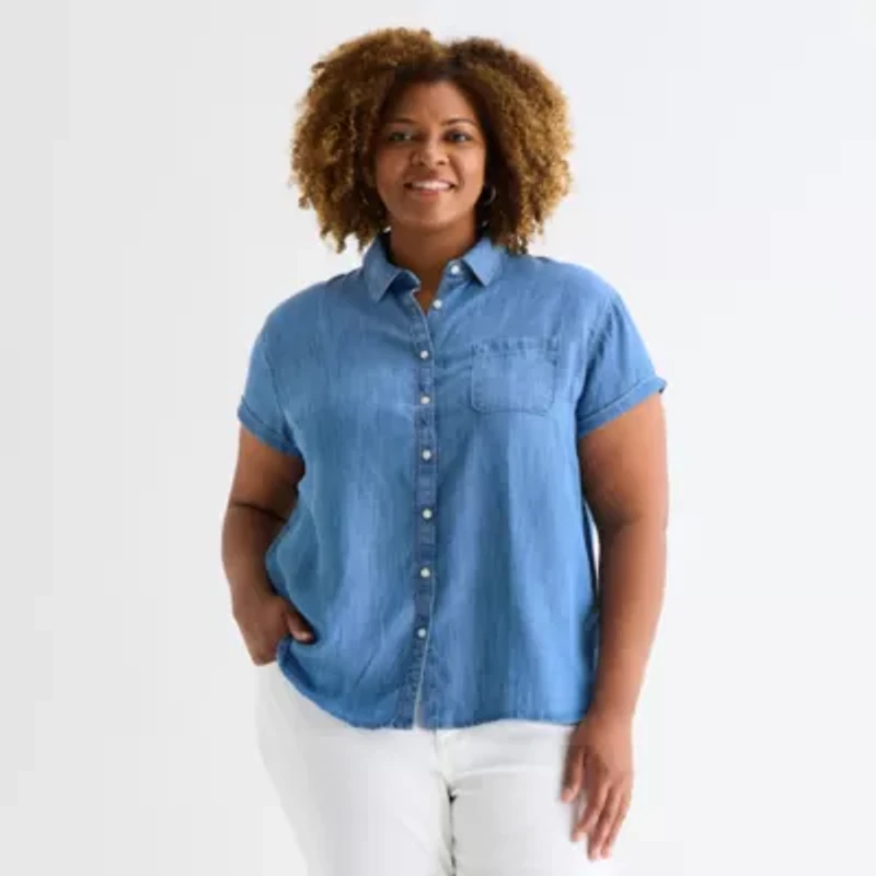 St. John's Bay Womens Plus Roll Short Sleeve Regular Fit Button-Down Shirt