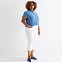 St. John's Bay Womens Plus Roll Short Sleeve Regular Fit Button-Down Shirt