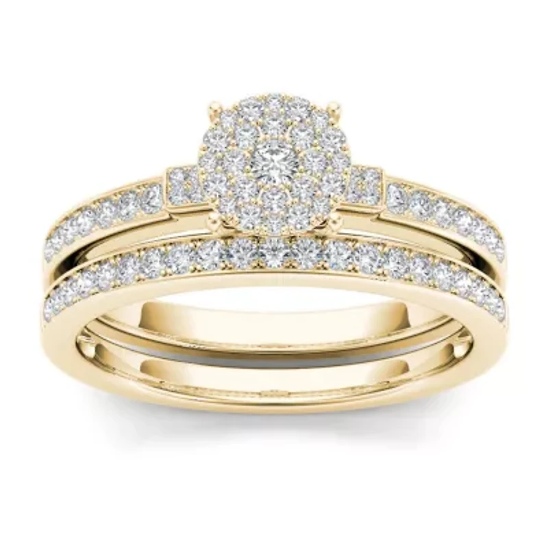 1/2 CT.T.W. Natural Diamond Cluster 10K Yellow Gold Bridal Ring Set
