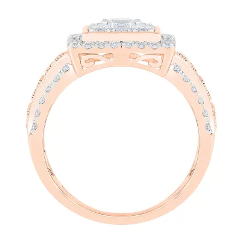 Womens 1 CT. T.W. Natural White Diamond 10K Rose Gold Square Halo Cocktail Ring