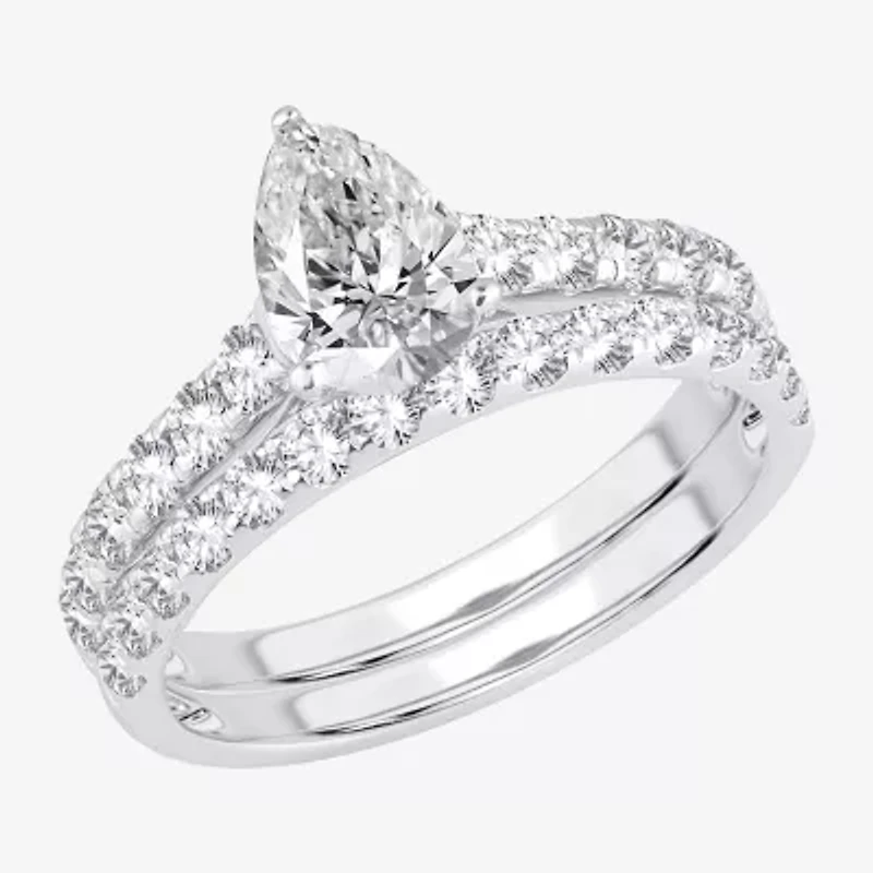 (H-I / SI1-SI2) Signature By Modern Bride Womens 2 CT. T.W. Lab Grown White Diamond 14K Gold  Pear Bridal Set