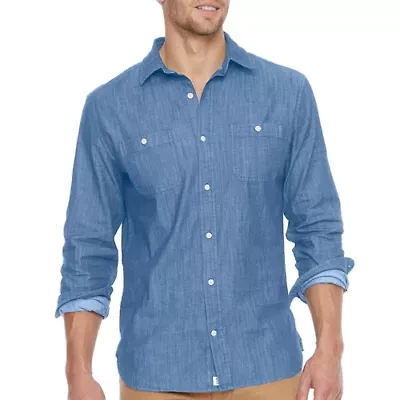 mutual weave Stretch Chambray Mens Long Sleeve Regular Fit Stretch Fabric Button-Down Shirt