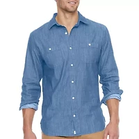 mutual weave Stretch Chambray Mens Long Sleeve Regular Fit Stretch Fabric Button-Down Shirt