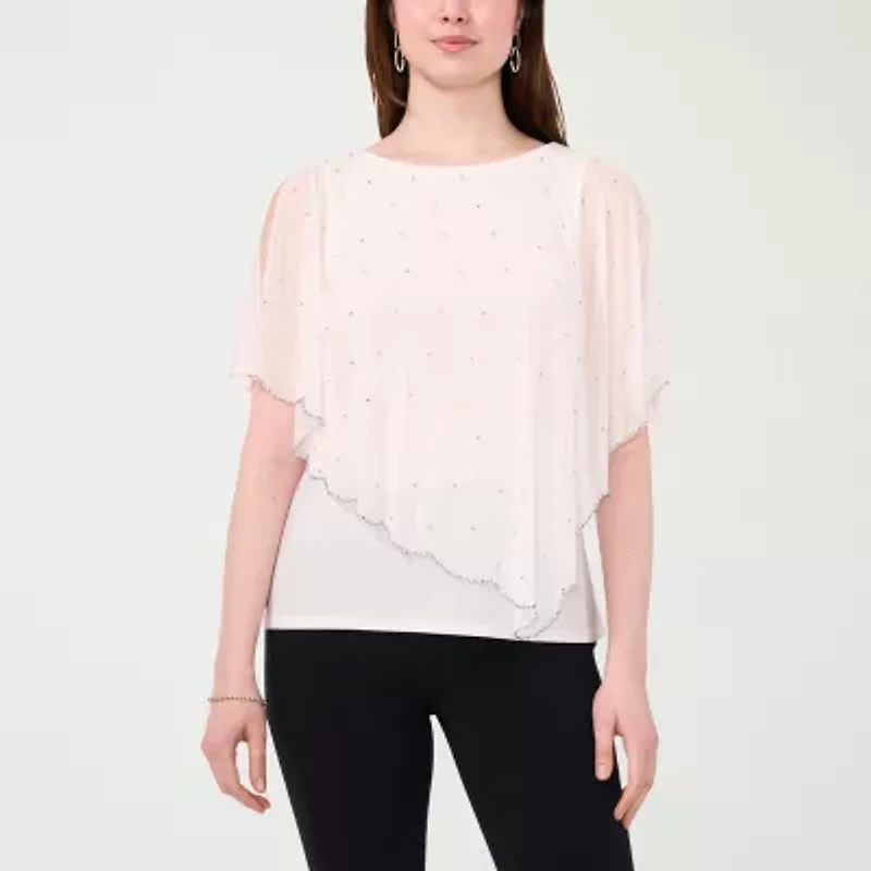 MSK Cape Womens Round Neck Short Sleeve Embellished Blouse