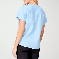 Free Country Womens Split Crew Neck Short Sleeve Fitted Loose Fit Stretch Fabric Button-Down Shirt