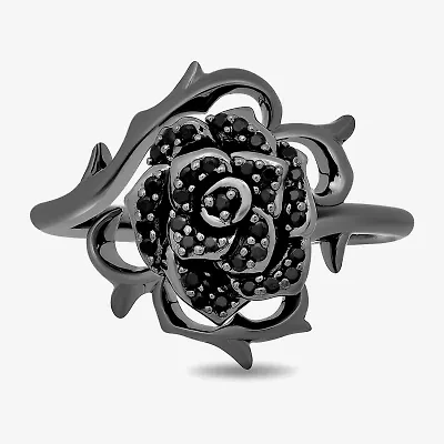 Enchanted Disney Fine Jewelry Womens 1/4 CT. T.W. Natural Black Diamond Sterling Silver Flower Maleficent Cocktail Ring
