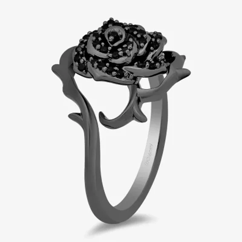 Enchanted Disney Fine Jewelry Womens 1/4 CT. T.W. Natural Black Diamond Sterling Silver Flower Maleficent Cocktail Ring