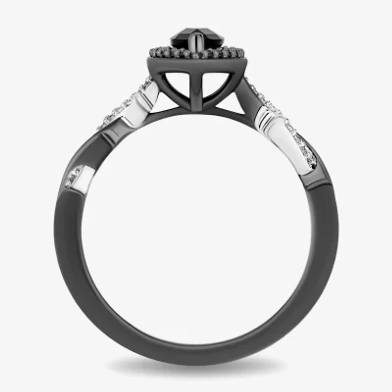 Enchanted Disney Fine Jewelry Womens 1/8 CT. T.W. Genuine Black Onyx Sterling Silver Marquise Maleficent Halo Side Stone Cocktail Ring