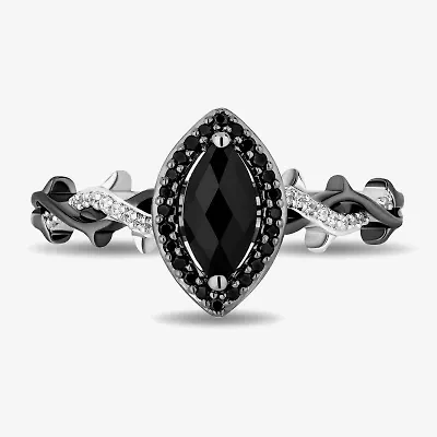Enchanted Disney Fine Jewelry Womens 1/8 CT. T.W. Genuine Black Onyx Sterling Silver Marquise Maleficent Halo Side Stone Cocktail Ring