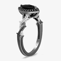Enchanted Disney Fine Jewelry Womens 1/8 CT. T.W. Genuine Black Onyx Sterling Silver Marquise Maleficent Halo Side Stone Cocktail Ring