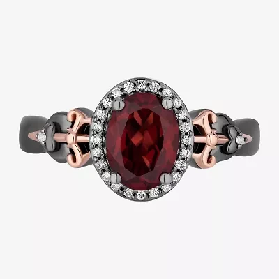 Enchanted Disney Fine Jewelry Womens 1/10 CT. T.W. Genuine Red Garnet 14K Two Tone Gold Over Silver Sterling Oval Evil Queen Snow White Halo Cocktail Ring