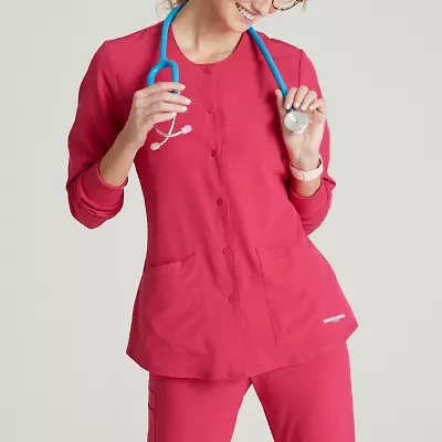Skechers Sk401 Stability 2-Pocket Crewneck Snap-Front Warm-Up Womens Plus Tall Tag Free Stretch Fabric Moisture Wicking Scrub Jackets