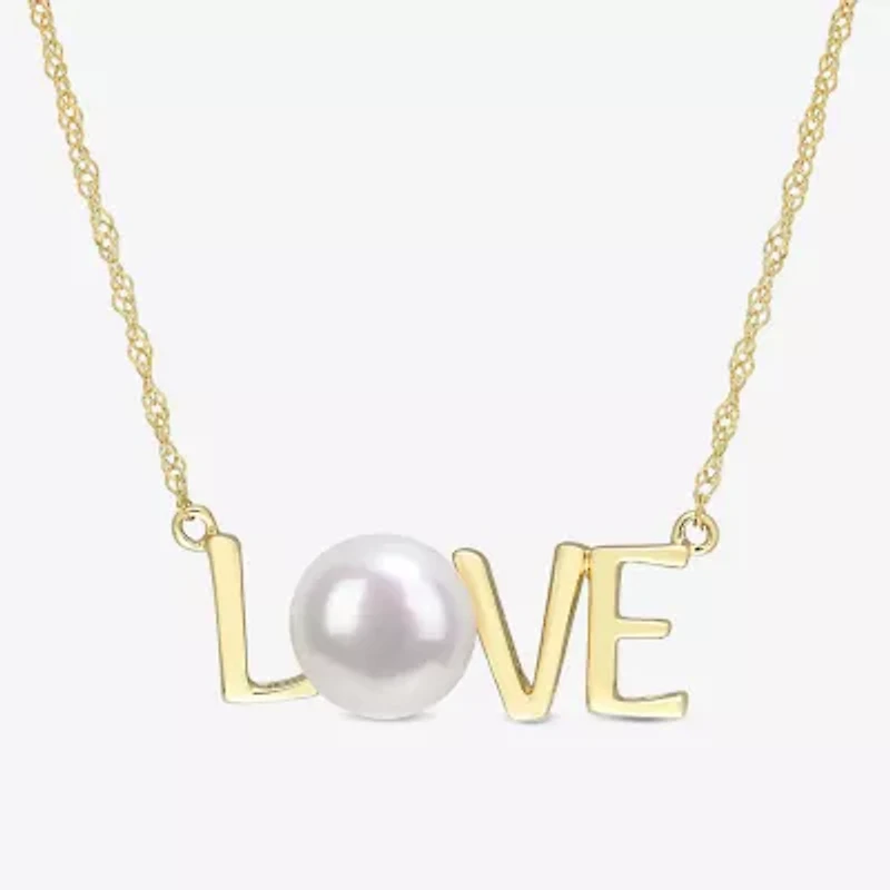 Love" Womens White Cultured Freshwater Pearl 10K Gold 17 Inch Pendant Necklace