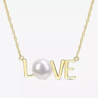 Love" Womens White Cultured Freshwater Pearl 10K Gold 17 Inch Pendant Necklace