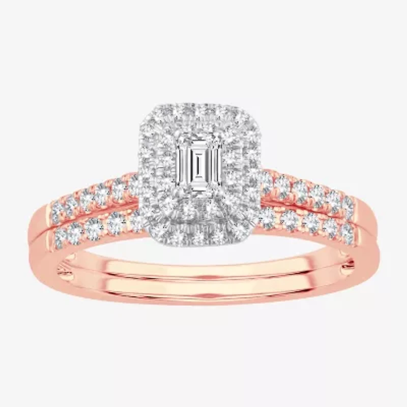 1/2 CT.T.W. Natural Diamond Side Stone Halo Bridal Set 10K or 14K Gold