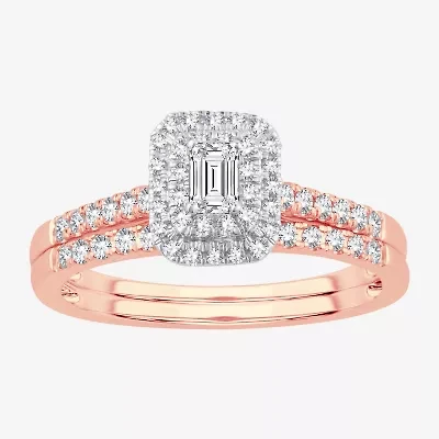 1/2 CT.T.W. Natural Diamond Side Stone Halo Bridal Set 10K or 14K Gold