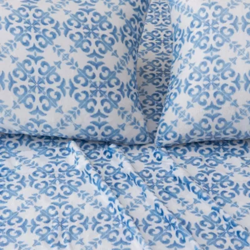 Linery Printed Velvet Plush Fleece Wrinkle Resistant Sheet Set