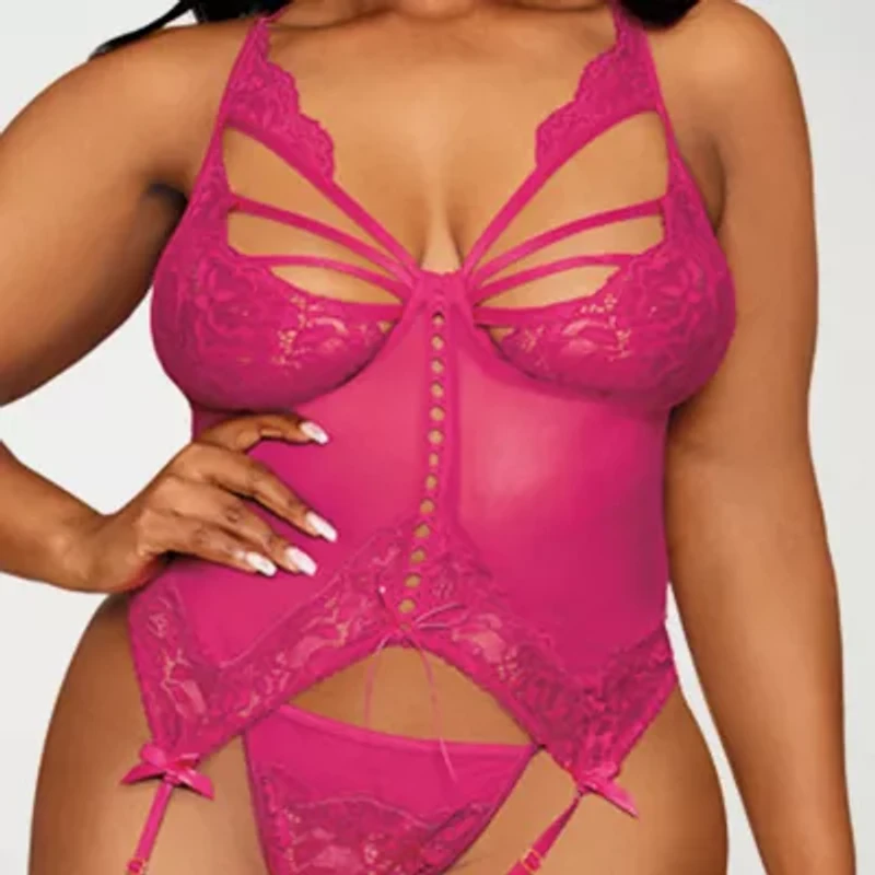 DreamGirl Plus Floral Lace Mesh Bustier Set-13283X