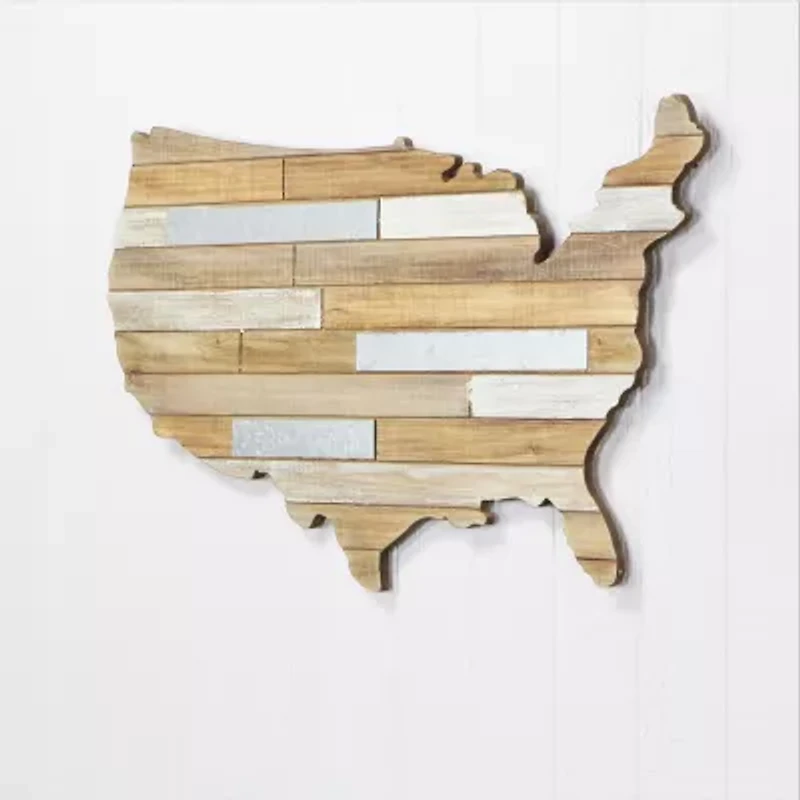 Hanging Mixed Media Wood And USA Metal Wall Art