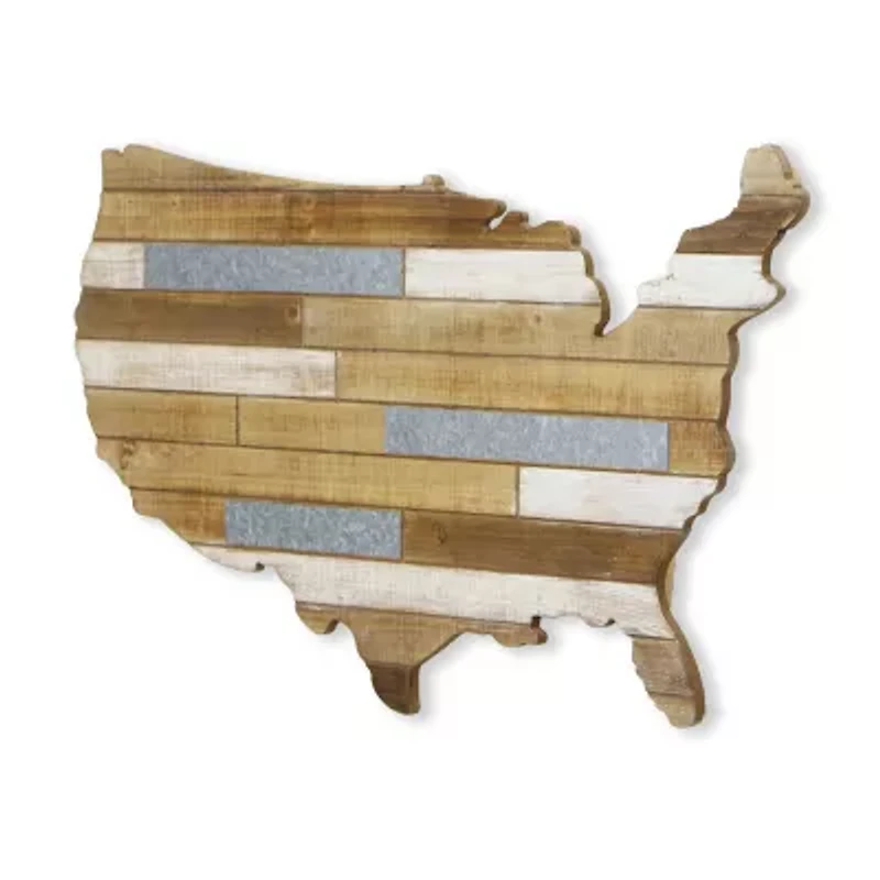 Hanging Mixed Media Wood And USA Metal Wall Art