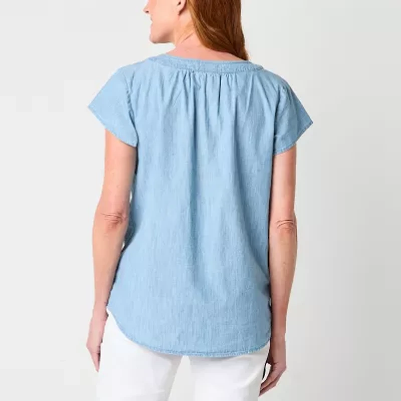St. John's Bay Womens Split Crew Neck Short Sleeve Embroidered Tall Blouse