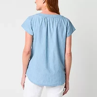 St. John's Bay Womens Split Crew Neck Short Sleeve Embroidered Tall Blouse