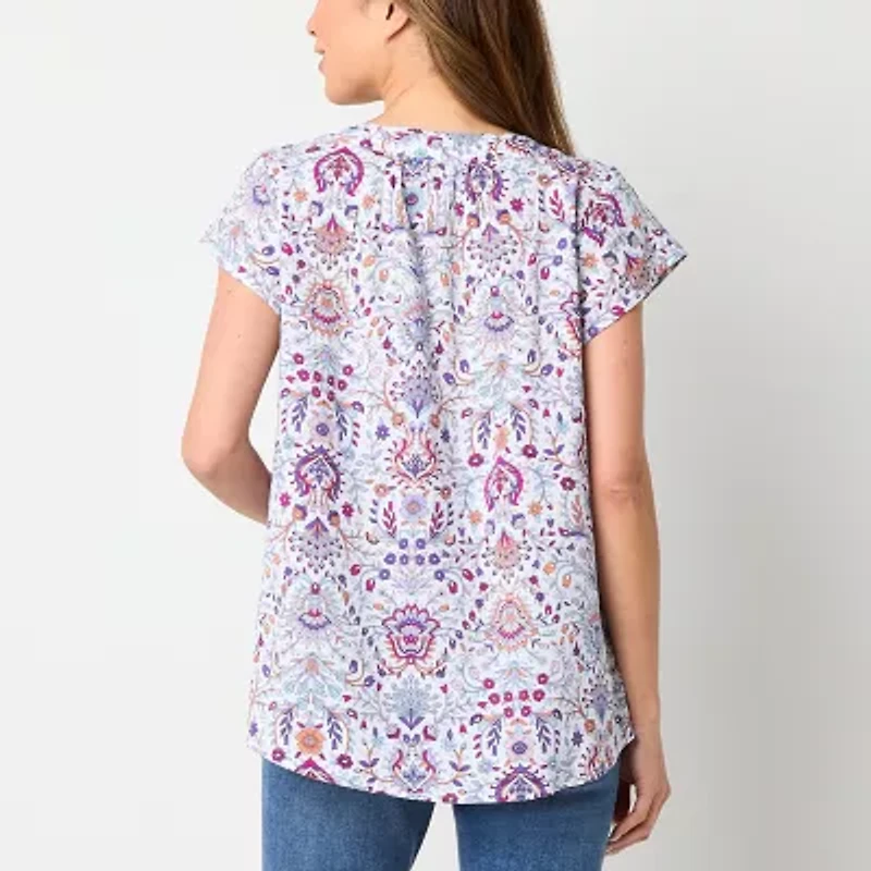 St. John's Bay Womens Tall Split Crew Neck Short Sleeve Embroidered Blouse