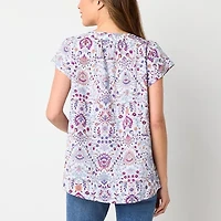 St. John's Bay Womens Tall Split Crew Neck Short Sleeve Embroidered Blouse