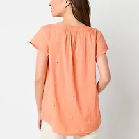 St. John's Bay Womens Tall Split Crew Neck Short Sleeve Embroidered Blouse